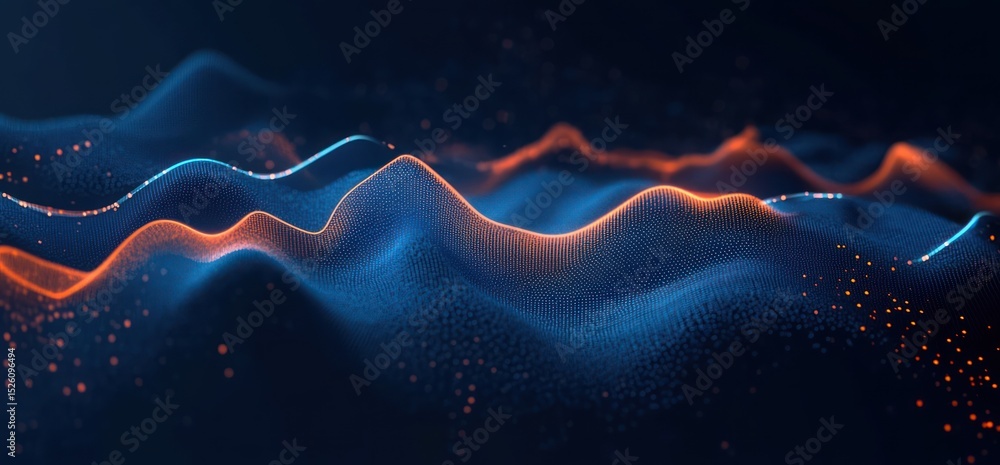 Poster abstract digital landscape with flowing waves of blue and orange dots and lines representing data or