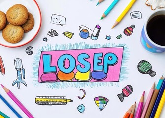 Fototapeta premium Colorful hand-drawn illustration with the word LOSEP surrounded by small doodles and colored pencils next to a plate of cookies and a cup of coffee on a white background