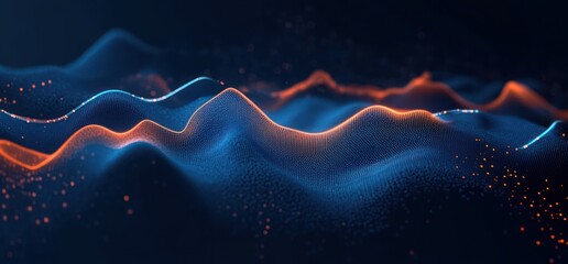 Abstract digital landscape with flowing waves of blue and orange dots and lines representing data or energy in a dark background, evoking futuristic and dynamic emotion