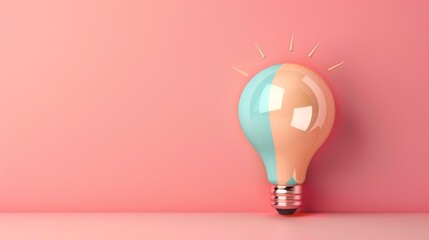 Lightbulb idea on pink background. Half peach, half cyan, it emits rays. AI generative.