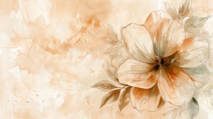 Warm floral painting on a watercolor beige background. Flower and leaves sketch. AI generative.