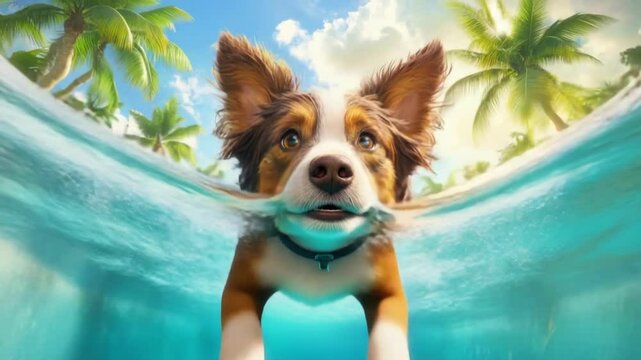 Happy brown border collie dog swimming in blue tropical water with palm tree island background. Cute pet enjoying summer vacation concept.
