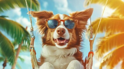 A dog in sunglasses swinging on a swing under palm trees, concept of summer vacation and fun for animal related promotions and social media