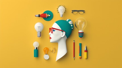 Woman's head, glasses, pens and lightbulbs on yellow. Bright, modern and creative layout. AI generative..