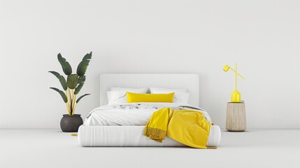 White bedroom setup with bright yellow accents, a plant, and a light on a small table. AI generative.