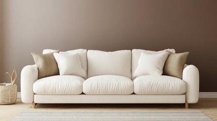 Contemporary minimalist sofa in off-white color against smooth taupe wall