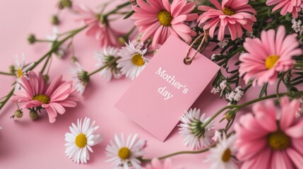 Pink backdrop with "Mother's day" tag, daisy flowers, floral elements. AI generative.