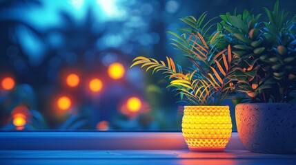 Indoor plants sit by a window at night. The yellow pot glows. Bokeh lights sparkle. AI generative.