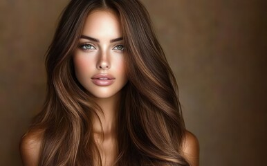 Naklejka premium Portrait of a young woman with long brown hair and green eyes looking confidently at the camera against a soft brown background