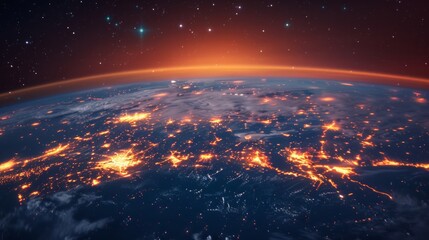 Earth view from space showing city lights, horizon glow, and starry sky above. AI generative.