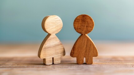 Two wooden figures of persons stand on a wood surface against a blue backdrop. AI generative.