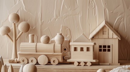 Wooden toy train, house and tree on textured beige background. Minimalist still life. AI generative.