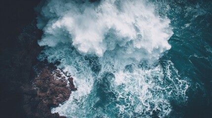 Obraz premium Aerial view of massive ancient tsunami waves crashing onto rocky coastline with towering dark water wall and dramatic storm clouds. Prehistoric natural disaster and extreme weather concept.