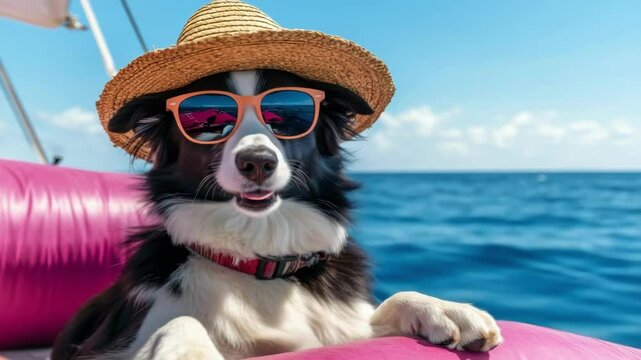 A dog wears a straw hat and sunglasses while relaxing on a pink floatie on the water. Summer leisure for pet during holiday trip.