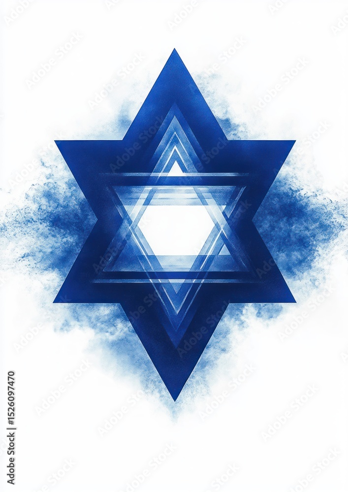 Poster abstract blue star-shaped geometric figure with layered hexagonal patterns and smoky cloud effect on