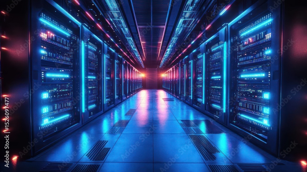 Aufkleber long aisle of a modern data center with rows of illuminated server racks emitting blue and purple li