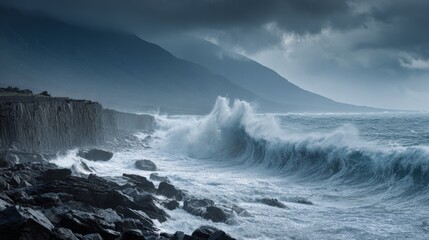 Obraz premium Aerial view of massive ancient tsunami waves crashing onto rocky coastline with towering dark water wall and dramatic storm clouds. Prehistoric natural disaster and extreme weather concept.