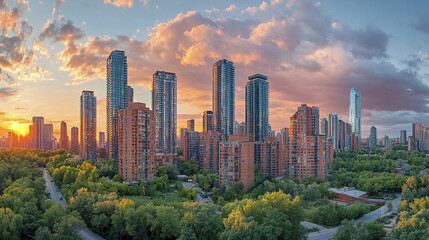 Obraz premium stunning cityscape featuring skyscrapers against vibrant sunset, surrounded by lush greenery