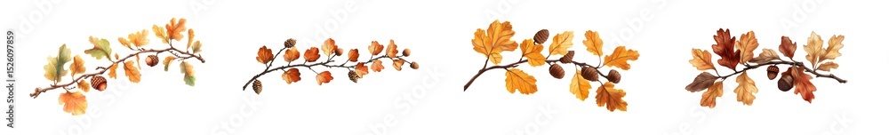 Poster set of autumn branches with leaves and acorns. isolated on transparent background