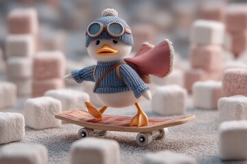 A quirky duck in superhero cape and goggles riding a rocket-powered skateboard over a city of marshmallows.