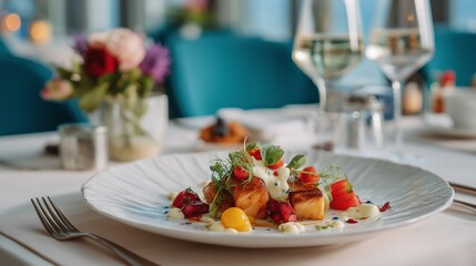 Delicious gourmet dish on a beautifully set dining table in an upscale restaurant at sunset