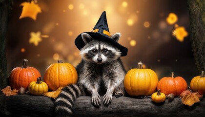 Adorable Raccoon in Witch Costume Among Pumpkins Playful Spooky Scene Brimming with Autumn Vibes and Rich Textures