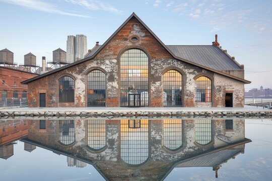 Rustic industrial building reflected in tranquil water.