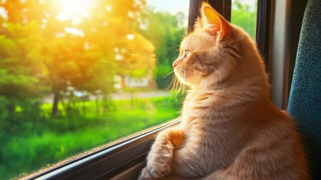 Ginger cat looking out a window with green nature abstract outside. Animal travel concept ideal for pet journey themes.