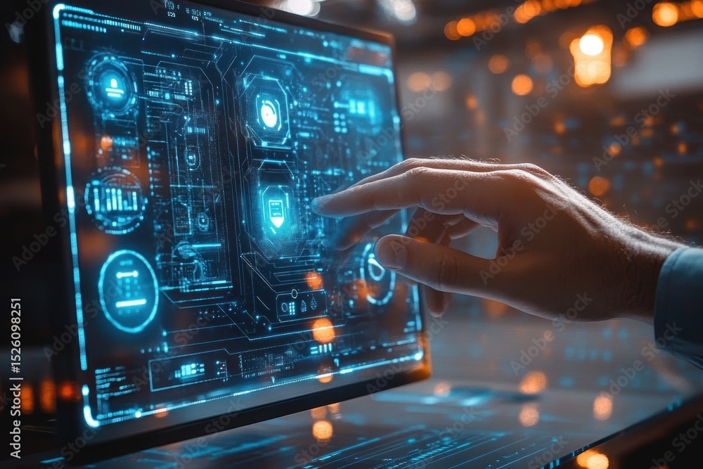 Poster close-up of a hand interacting with a futuristic transparent digital interface displaying blue holog