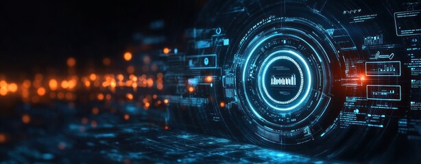 Futuristic digital interface with glowing blue circular data visualization and floating orange light particles in a dark high-tech environment