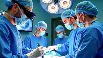 Surgeons performing a complex operation in a modern surgical theater with focused teamwork