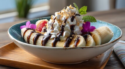 Banana Split with Whipped Cream, Chocolate Syrup, and Edible Flowers