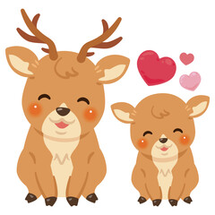 お座りした笑顔のシカの親子イラスト