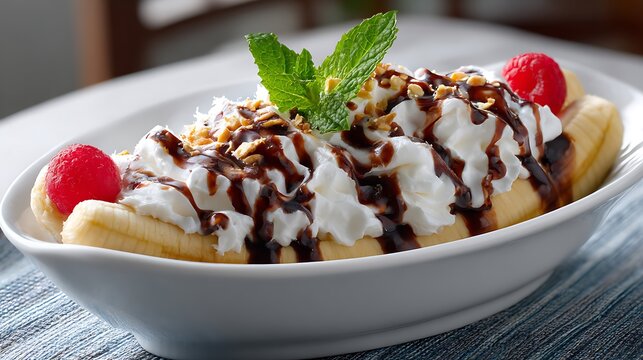 Banana Split with Whipped Cream, Chocolate Syrup, and Fresh Berries - Powered by Adobe