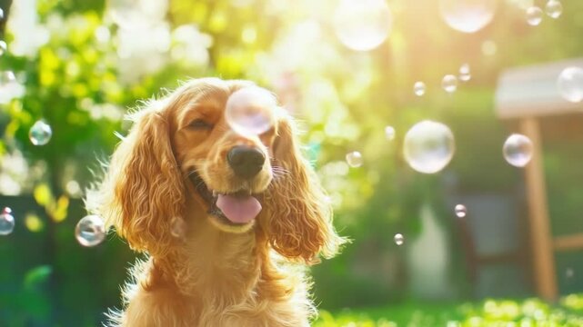 Happy dog golden cocker spaniel puppy playing outdoors with soap bubbles near the house on summer day. Concept animal, play, pet, summer.