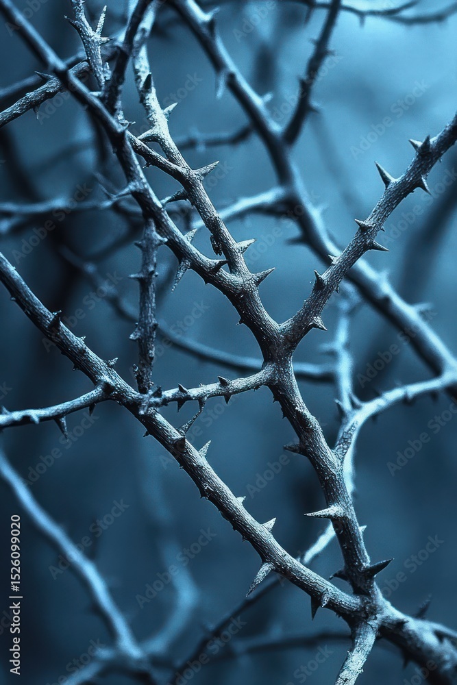 Poster close-up of intertwined thorny branches with sharp spikes in a cool blue tone conveying a sense of c