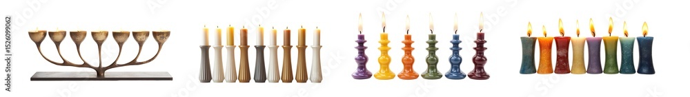 Poster set of assorted candleholders and candles in a variety of colors and styles. isolated on transparent