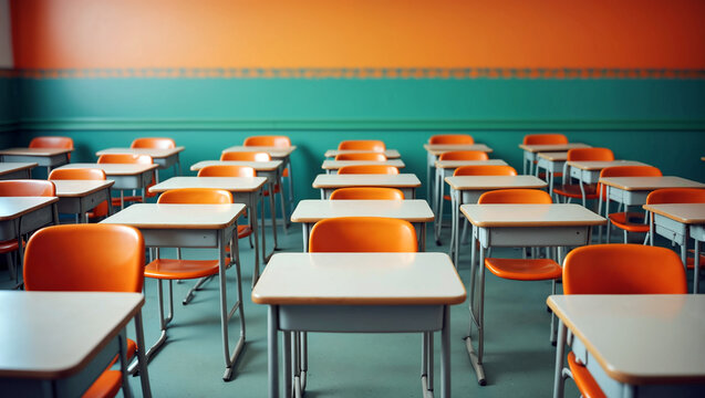 Brightly colored classroom features orange chairs and empty desks, creating a serene atmosphere for learning in the morning light. Education and back to school concept. Generative AI.