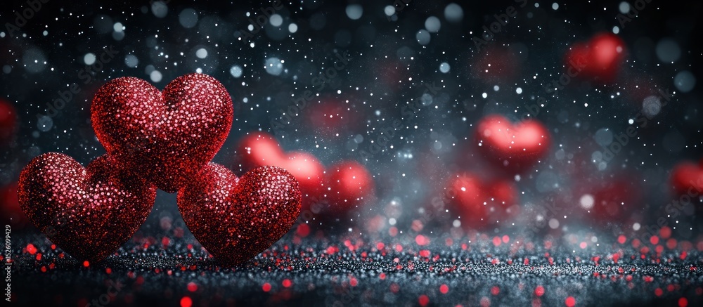 Poster close-up of sparkling red heart shapes covered in glitter glowing under soft light with falling snow