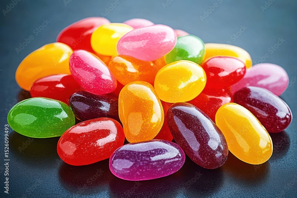 Poster close-up of assorted colorful shiny jelly beans on a dark surface evoking a playful and cheerful moo