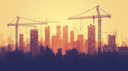 Fototapeta premium Stylized city skyline under construction with cranes at sunset, creating vibrant atmosphere