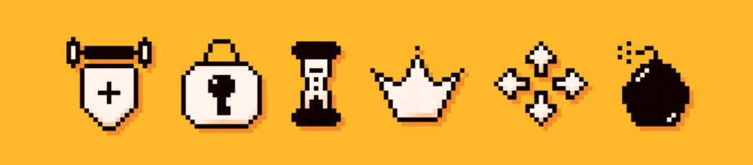Obraz premium A set of 6 pixelart elements. Painted tapestry, latch, hourglass, crown, arrows and bomb.
