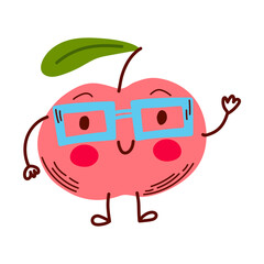 Cute cartoon apple character with glasses. Happy fruit. Fun design for kids products, prints, cards