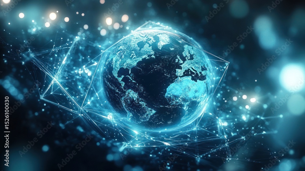 Poster glowing digital representation of earth surrounded by a network of interconnected light points and l