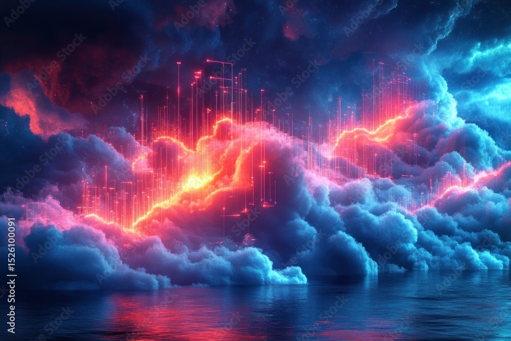 Poster futuristic glowing cloudscape with neon red and blue illuminated data-like streams rising above a re