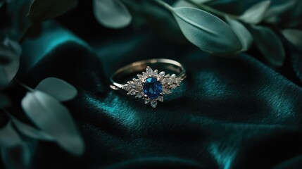 Royal-style sapphire and diamond ring on dark green velvety backdrop