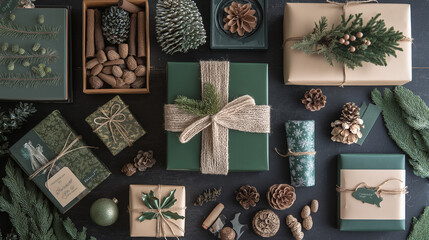 AI generator images of collection of wrapped gifts in a grid pattern, gifts. Display multiple elegant gift boxes or bags, neatly arranged and ready for distribution. Each package should be branded 