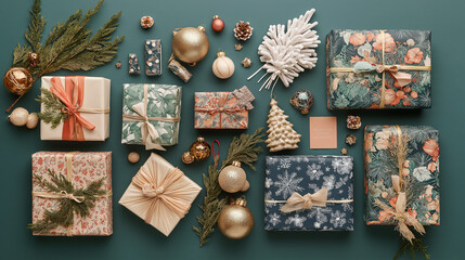 AI generator images of collection of wrapped gifts in a grid pattern, gifts. Display multiple elegant gift boxes or bags, neatly arranged and ready for distribution. Each package should be branded 