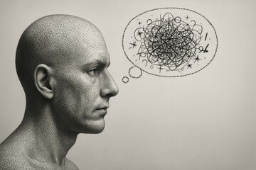 A stylized bald figure contemplates a swirling mess of thoughts, reflecting internal mental chaos, confusion, and emotional overload.