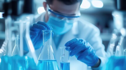 Scientist pouring blue chemical liquid from beaker to test tube in laboratory